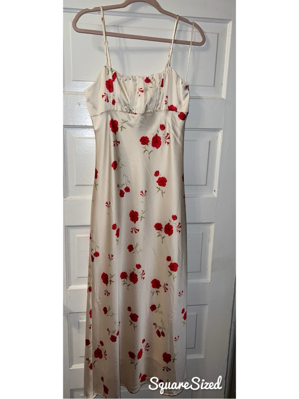 Cream Satin Floral Slip Dress with Red Rose Print